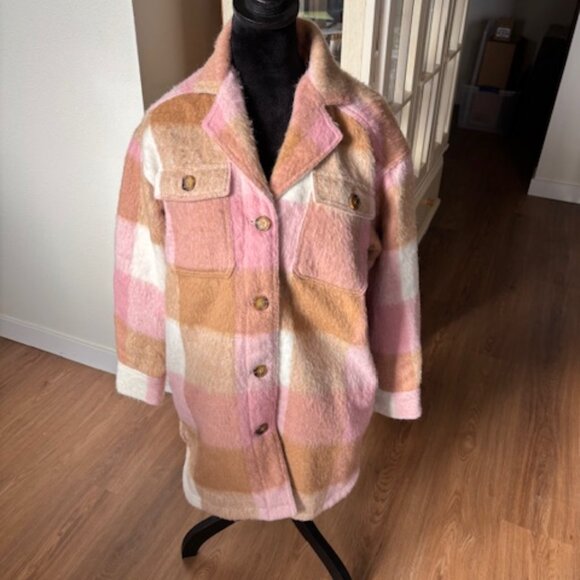 Old Navy NWOT Pink Plaid Wool Blend Heavy Oversized Shacket S - Picture 2 of 7